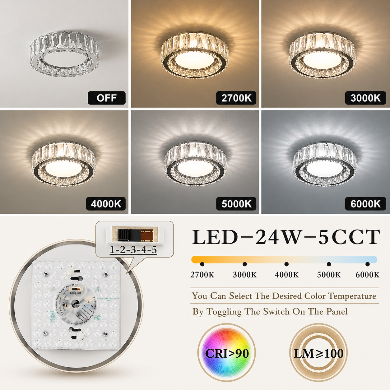 Black Crystal LED Ceiling Light 11 Inch 24W